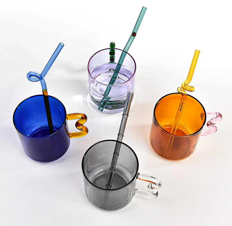Creative Color Glass Water Cup with Handle Breakfast Milk Cup Heat Resistant High Borosilicate Drinking Glasses Spoon Cups