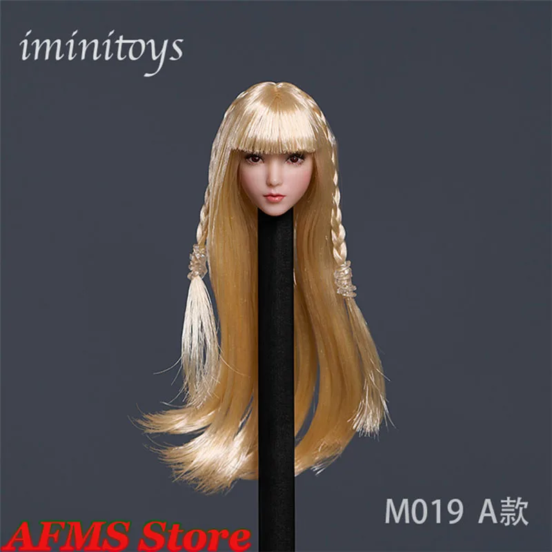Iminitoys 1/12 여성 군인 머리 조각 귀여운 애니메이션 롤리 소녀 긴 머리 조각, 6 인치 TBL 창백한 피부 액션 피규어, M019