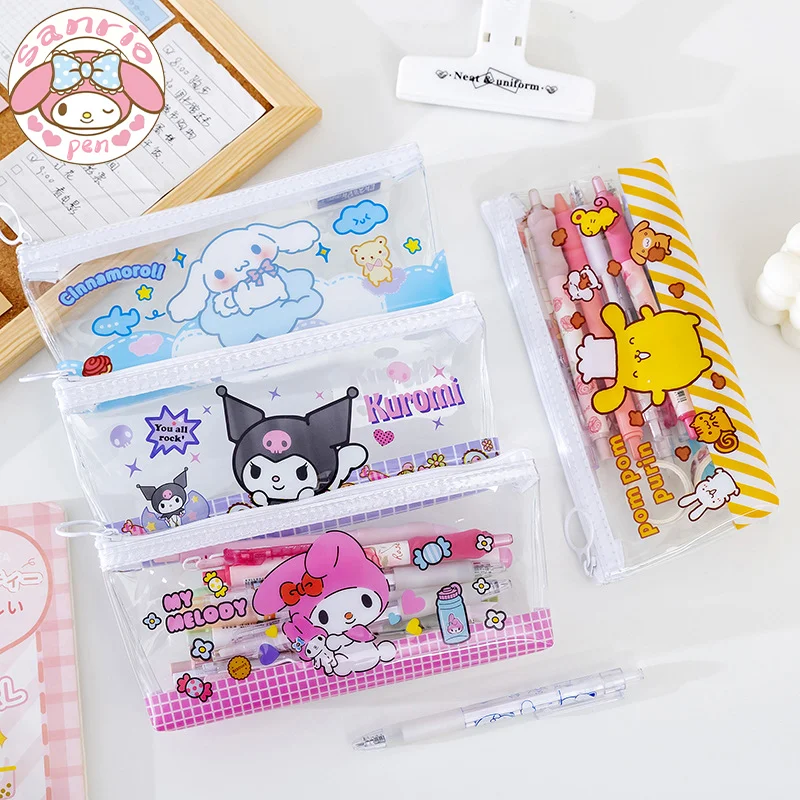 

Канцелярские сумки Sanrio, 6 шт., новинка, мультяшный прозрачный карандаш на молнии с кольцом, женская школьная сумка, оптовая продажа