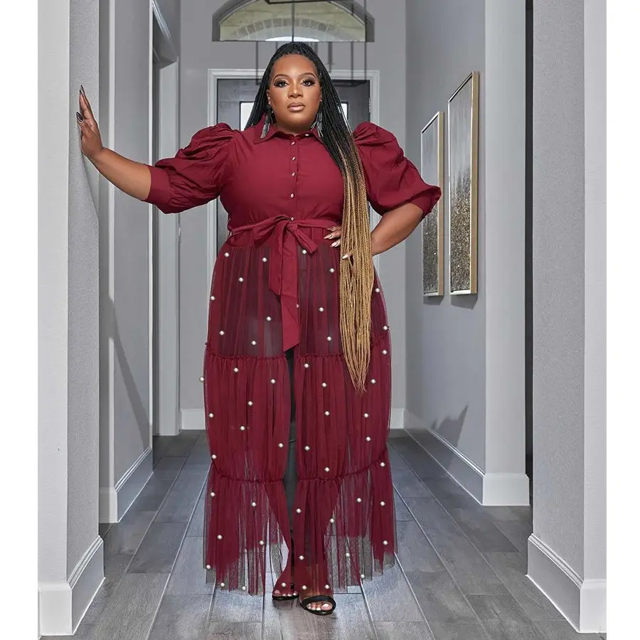 Plus Size Curvy Woman Dress Mesh Pearl Patchwork Fashion Elegant Club Outfit Casual Luxury Gowns 2023 Summer Evening Party Dress