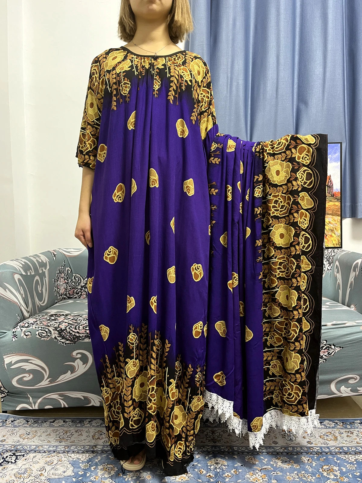 Muslim Dress For Women Dubai Turkey Islam Djellaba Abayas 2023 Embroider Loose Dresses Round Neck African With Big Lace Scarf