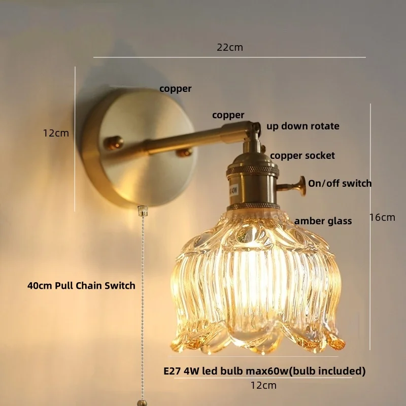 IWHD Copper Rotate LED Wall Light Fixtures Pull Chain Switch Foyer Bedroom Aisle Nordic Modern Flower Glass Bedside Lamp Sconce