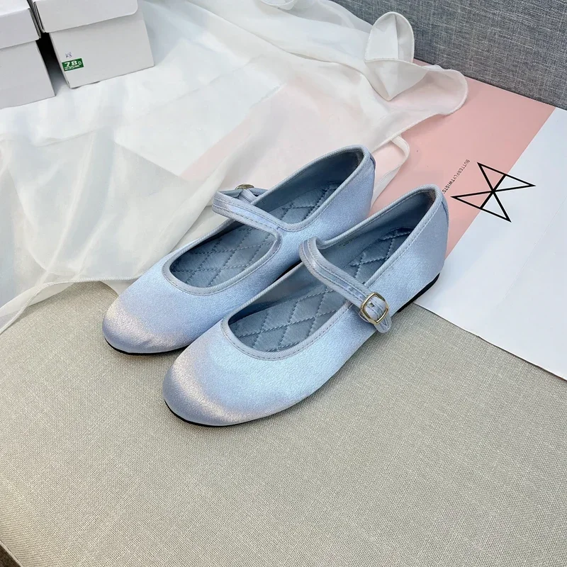 

Spring Velvet Round Head Shallow Mouth Flat Bottom Mary Jane Single Shoes Blue Women's Shoes