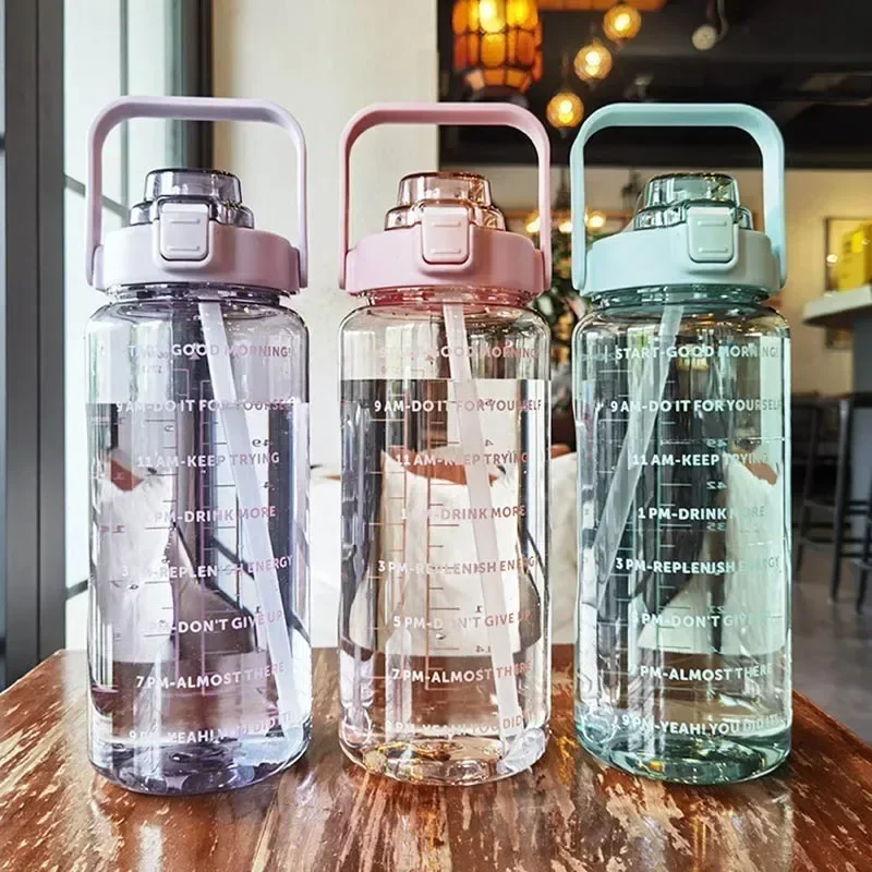 2L Large Capacity Plastic Water Cup Straw Water Bottle Portable Drink Bottle with Time Marker for Outdoor Sports Fitness