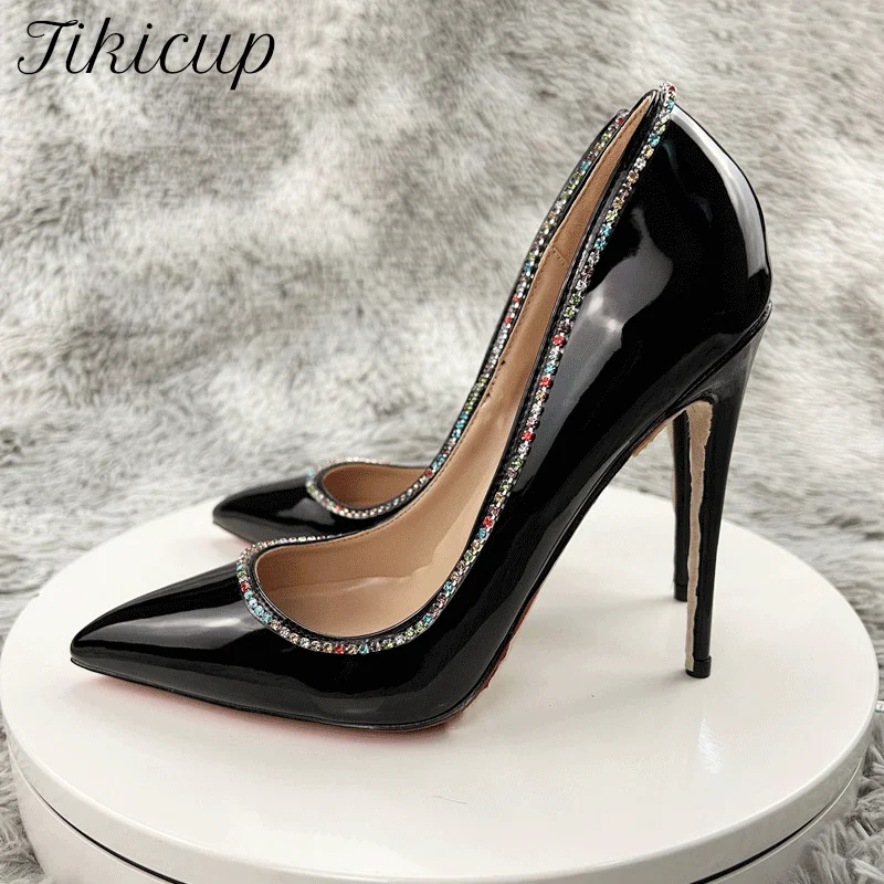 

Tikicup Shiny Diamante Edged Women Glossy Black Pointy Toe High Heel Shoes Elegant Slip On Stiletto Pumps 8cm 10cm 12cm