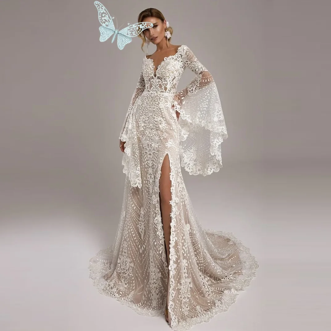 

Floral Lace Mermaid Wedding Dresses Backless Gown Sweep Train Robe De mariée Beach Sleeveless Bride