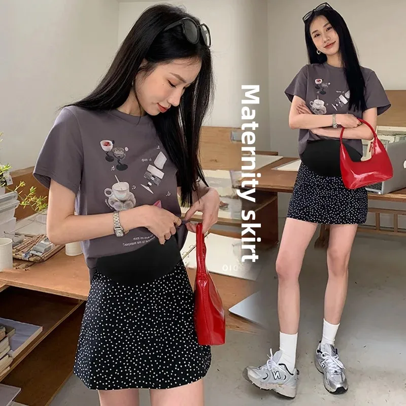 Maternity High Waist Polka Dot A- Line Mini Skirt Summer Korean Style Versatile Sweet Short Skirt for Pregnant Women