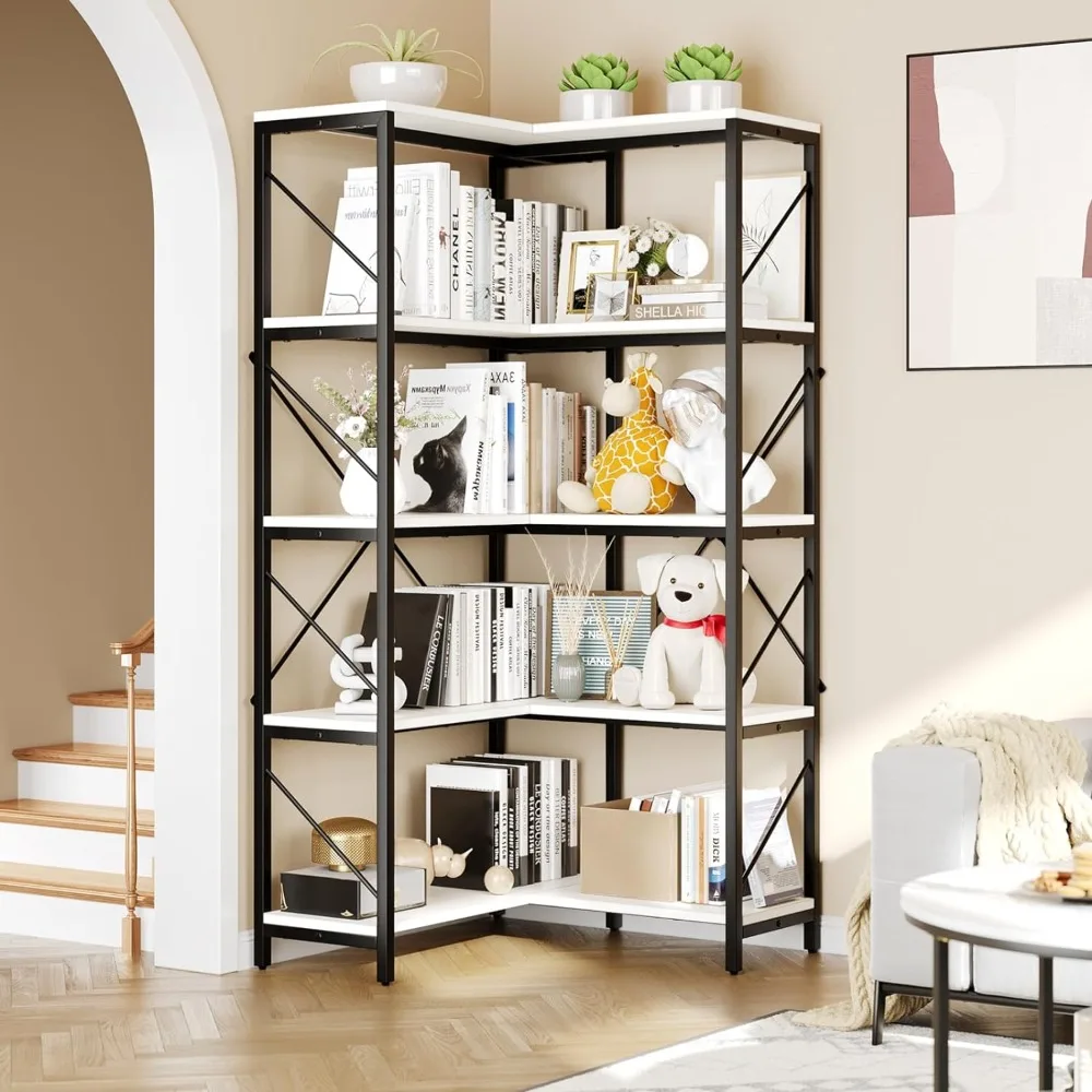 

Corner Bookshelf, 5-Tier L-Shaped Bookcase Storage Organizer, Tall Open Display Freestanding Storage Rack Modern Book Shelf