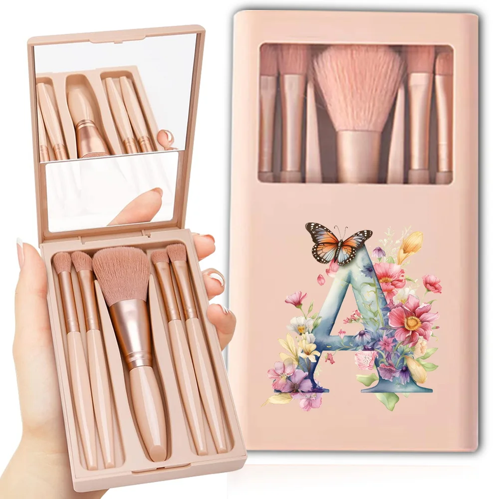 Description Picture 5 of item5 Pcs Makeup Brushes Kit Holder Box With Clear Mirror Soft Bristles Cosmetic Brush Set Protected Case Butterfly Letter Pattern
