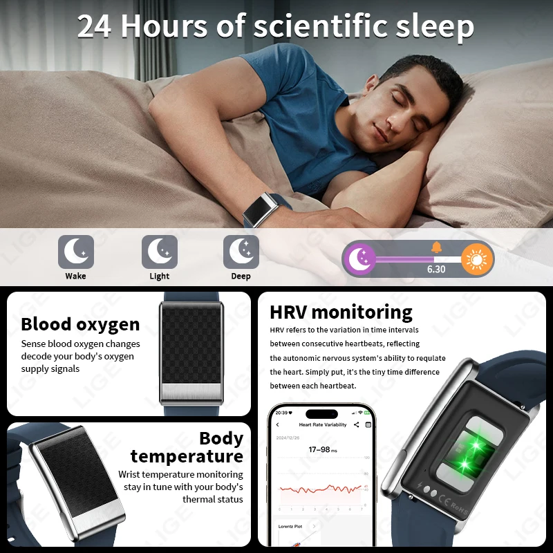 LIGE ECG+PPG Smart Bracelet Men Women Uric Acid Body Fat Body Temperature BP Blood Oxygen Health Smartwatch Sports Fitness Band