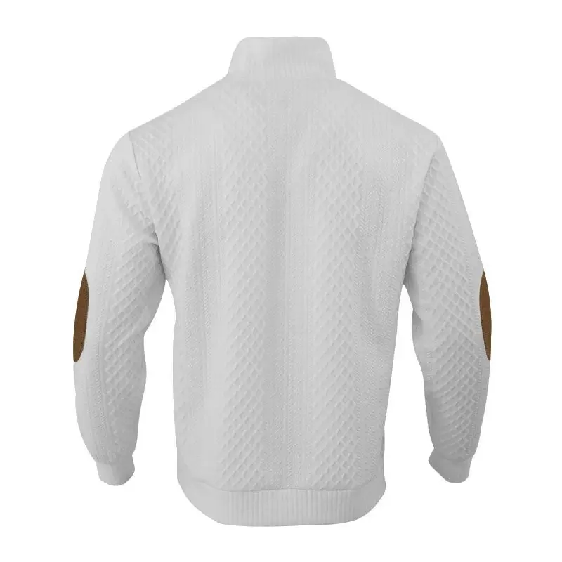 Men's Waffle Knit Quarter Zip Pullover with Contrast Trim and Elbow Patches Casual Long Sleeve Sweater