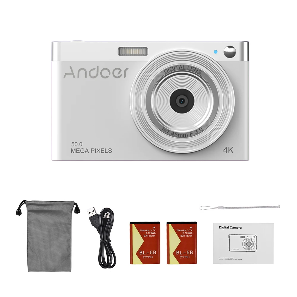 Andoer 4K Digital Camera Video Camcorder 50MP Auto Focus 16X Zoom Anti-shake Face Detact Built-in Flash with Batteries Carry Bag