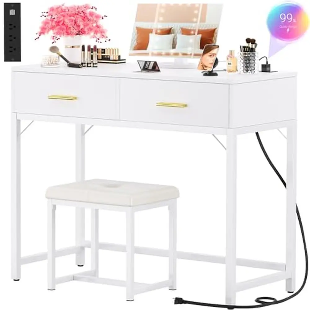 

Makeup Vanity Desk Lighted Mirror Tri-Fold Charging Station 2 Drawers Removable Dividers Leather Stool 180° Swivel 22 LED Lights