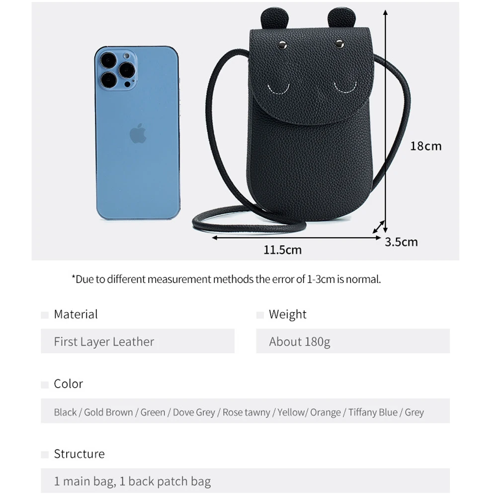 Genuine  Leather Colorful Crossbody Bag for Woman Fashion Cute Mini Cell Phone Shoulder Messenger Bags Handbag Kawaii Purses