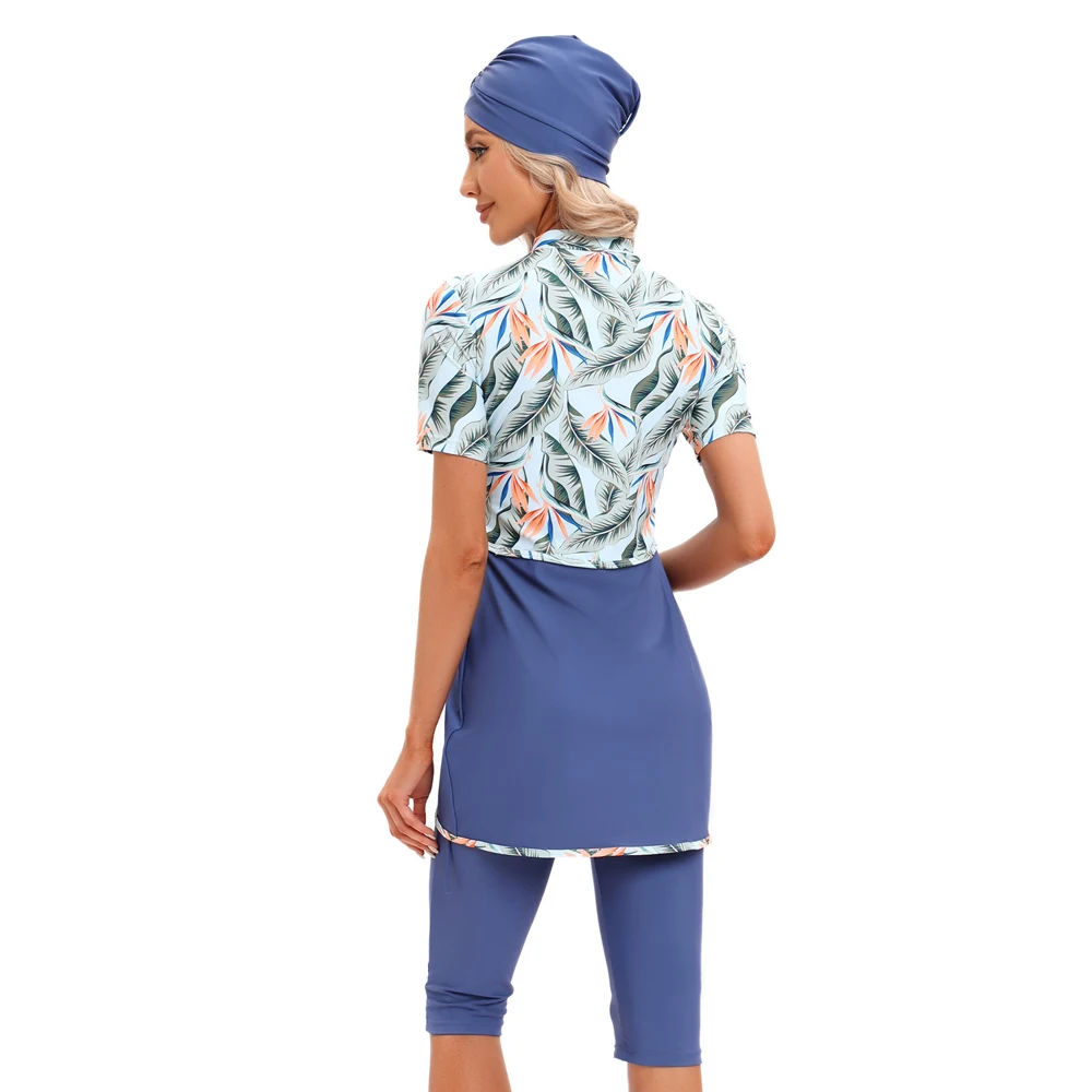 Women Modest Hijab Muslim Swimsuit Islamic swim wear Burkini With Swim Hat Sport Swimwear Ladies Short Sleeve Print Mode