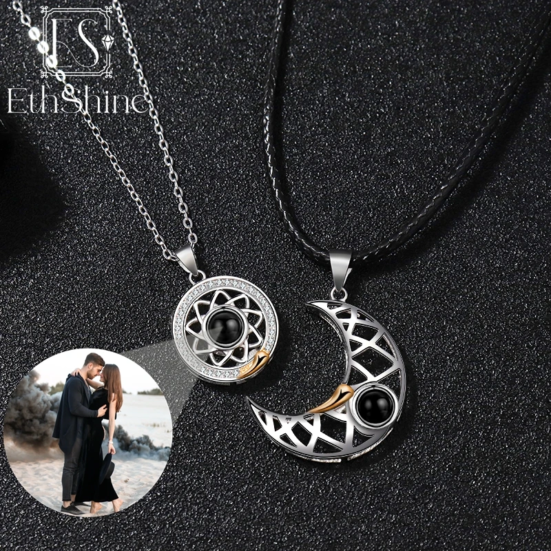 

EthShine 2Pcs Magnetic Couple Necklace For Women Men Heart Projection Pendent 100 Languages I Love You Sun Moon Necklaces Gift