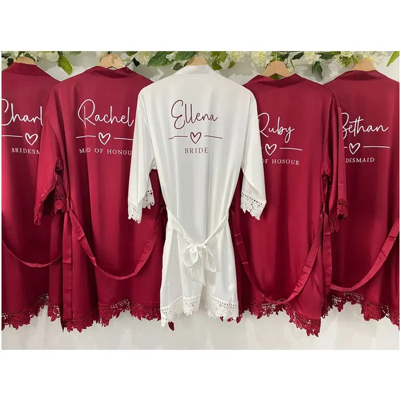 Personalized Burgundy Satin Lace Bridal Party Robe