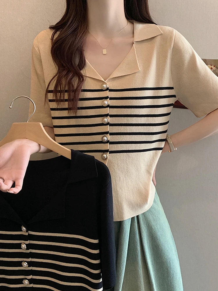 

Женская футболка с коротким рукавом, Свободная трикотажная футболка в полоску, Новинка лета 2023