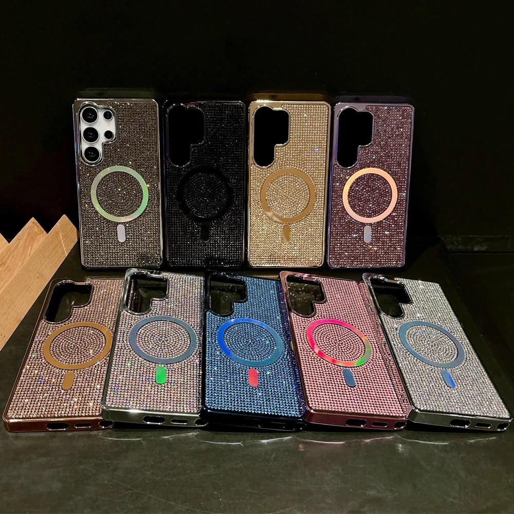 Glitter Diamond Plating TPU+PC Phone Case with Wireless Charging and Magnetic Feature - Girly Cover