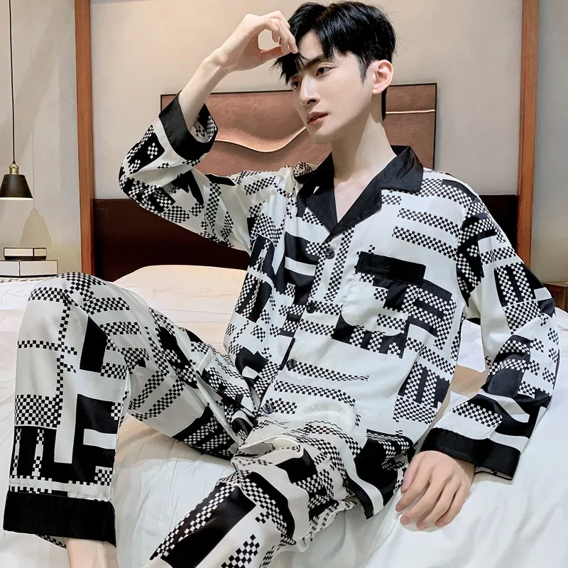 High Quality Satin Printed Pajamas Set Men's Nightwear Ice Silk Long Sleeve Loose Thin Teen Home Clothing Wear Suit Male Pyjama