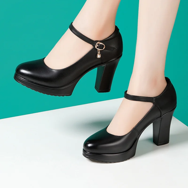 

Elegant Shallow Spring Fall Block High Heels Shoes Women Pumps 2023 Black White Thick Bottom Platform Shoes Genuine Leather