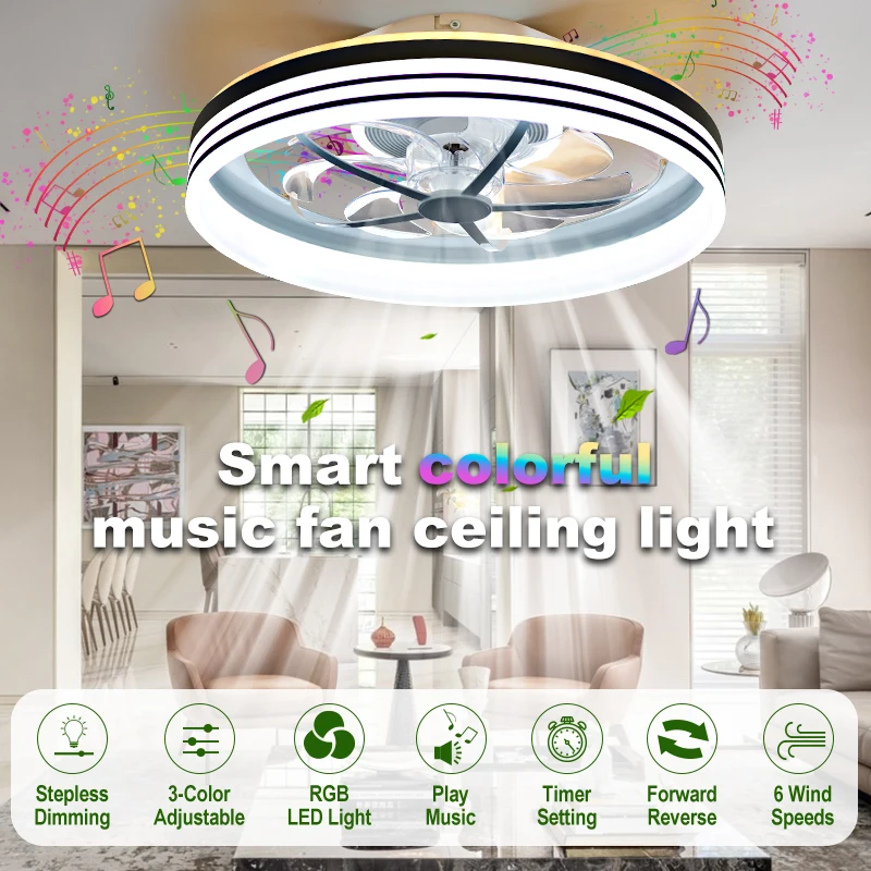 Smart LED Ceiling Fan Light Multifunctional RGB Music Ceiling Lamp Fan with Remote Control Mobile APP Control Room Fans