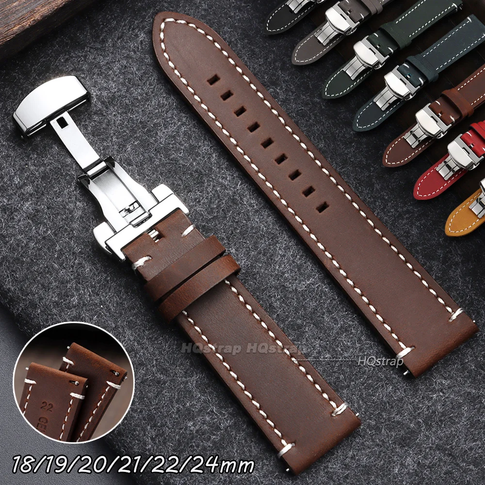 Vintage Leather Watch Strap with Butterfly Buckle - Premium Business Wristband Accessory
