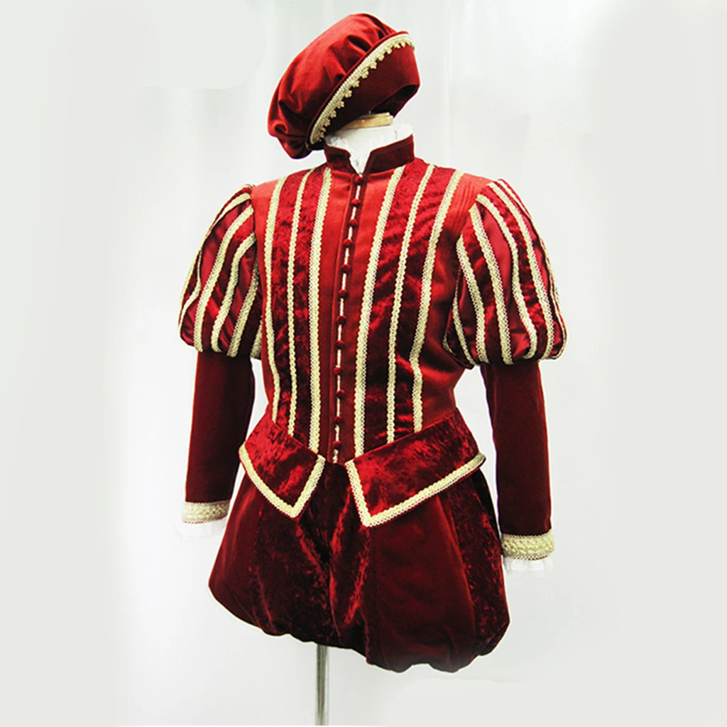 16Th Century Costume Da Uomo Tudor Elisabettiano Abiti Tudor King Prince Henry Viii Costume Rosso Uniforme Cappello Set Abito Rinascimentale