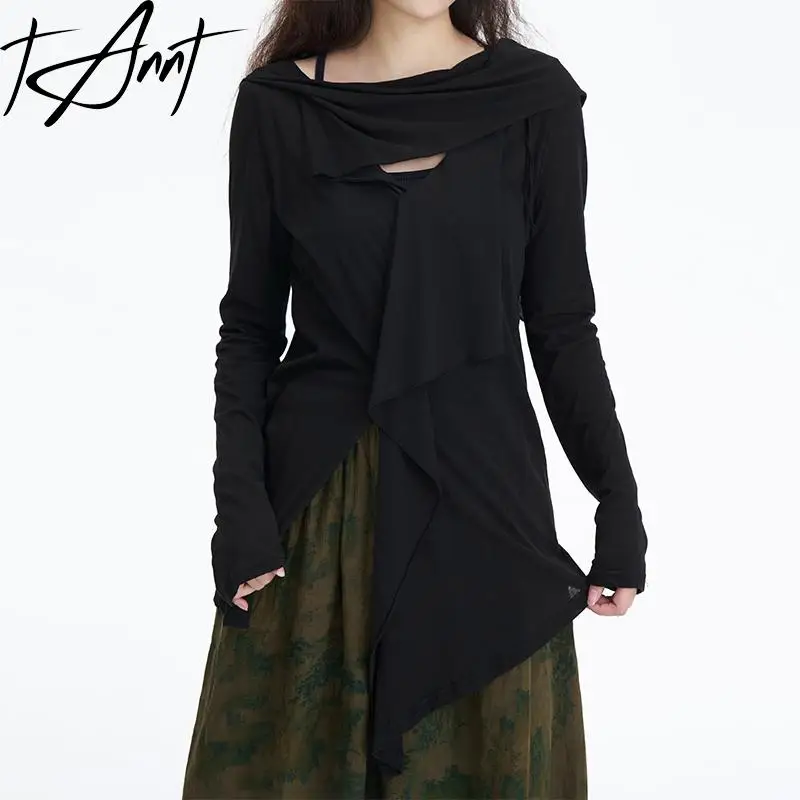

Tannt Women T Shirt V-neck Patchwork Asymmetry Black Vintage T Shirt Tops Long Sleeves Fashion Sexy Tops For Women 2023 New