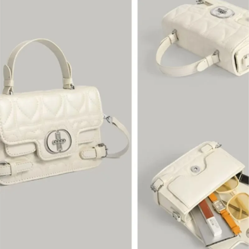 JIAERDI Love Diamond Pattern White Hand Bag Purse Women Retro Leather Handle Y2k Hand Bag Female Vintage Shoulder Crossbody Bags