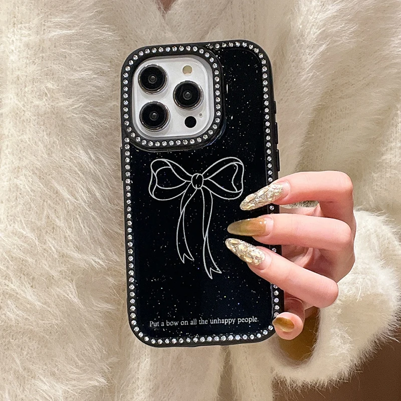 Ins Fashion Glitter Diamond Bling Bow Glossy Case For iPhone 16 15 13 14 Pro Max Shockproof TPU Phone Cover Shell