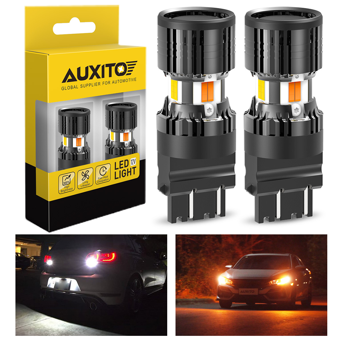 AUXITO 2Pcs P27/7W 3157 LED Bulbs Canbus DRL Parking Lamp Turn Signal Lights T25 Dual Yellow White Switchback With Cooling Fan