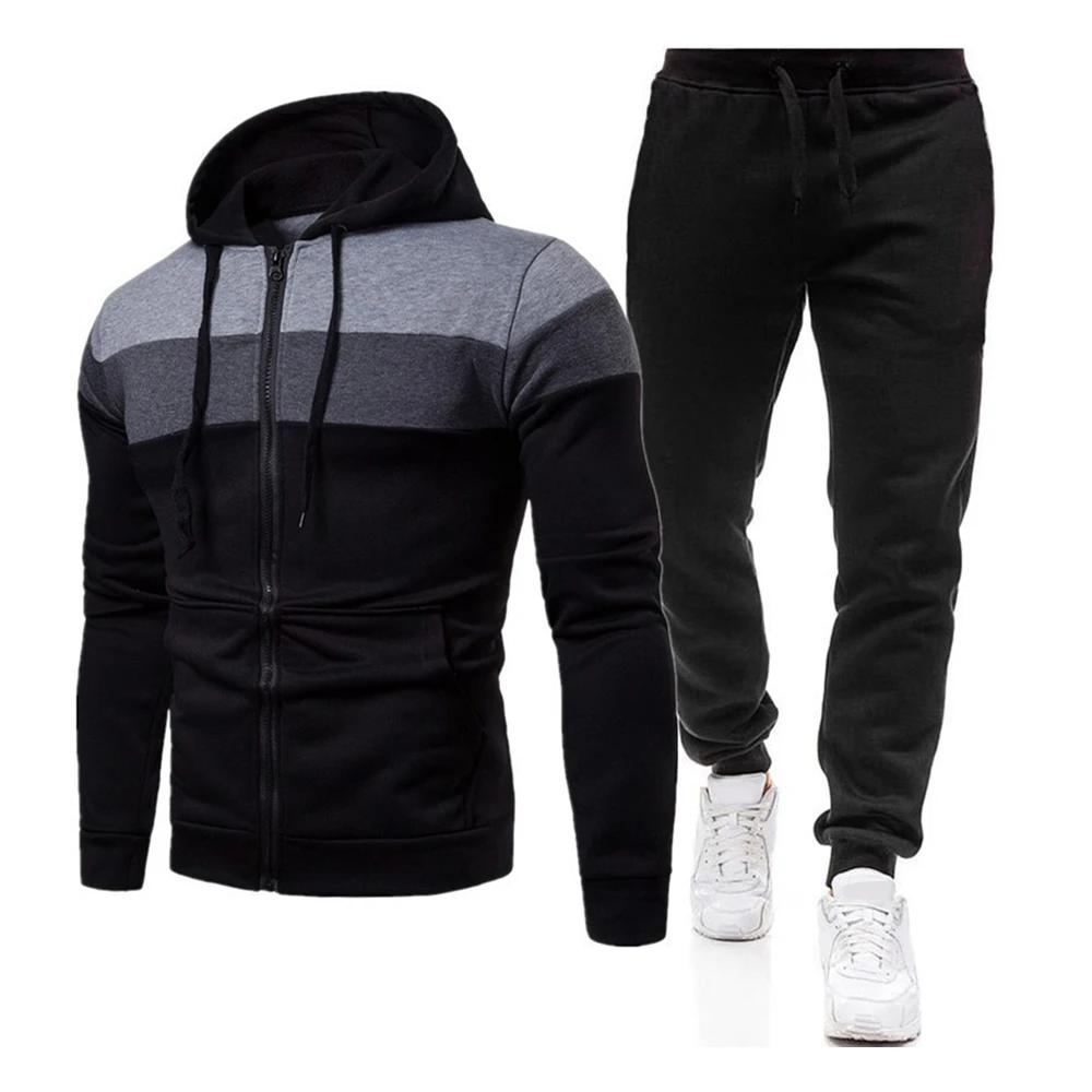 

Sweater Set Men Sports Suit Casual Colorblock Full Zip Gym Hooded Jacket Loose Men's Plus Size Pullover Sweater