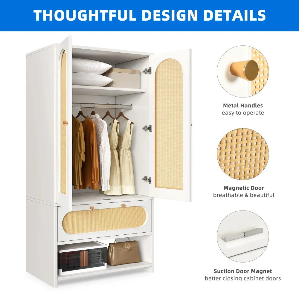 Armoire Wardrobe Closet with 2 Doors, Drawers and Hanging Rods, Wardrobes for Hanging Clothes with Shelves & Steel Stand 3