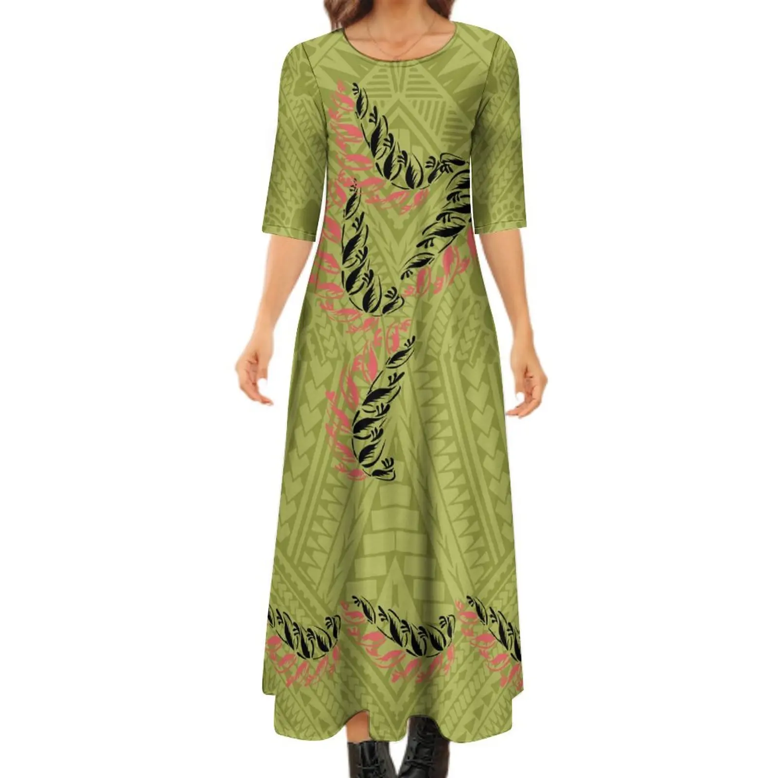 

Summer Mid-Sleeve Dress Plus-Size 8xlo Collar Half-Sleeve Dress Hawaiian Style Polynesian Personality Maxi Dress For The Evening