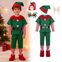 Children Boy Christmas Elf Cosplay Costume Top + Pants Belt Hat Shoes Matching Dress Up Santa Claus New Year Party Outfit