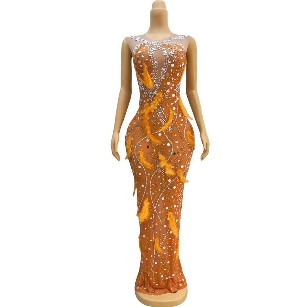 

Flashing Silver Rhinestones Orange Feathe!Dress Evening Birthday Celebrate CostumeSleeveless Sexy Outfit chengcheng C283