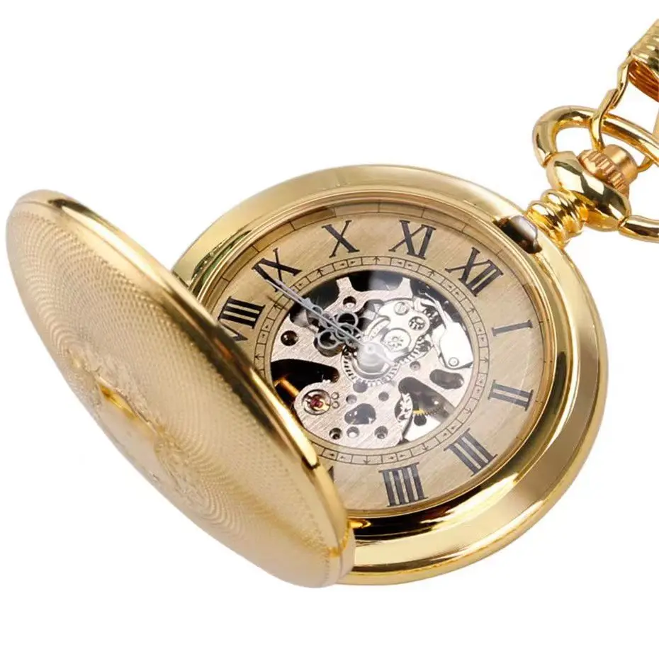 Gold Men's Fully Automatic Mechanical Pocket Watch Vintage Classic Shield Engraved Creative Roman Skeleton Dial Mechanical Watch
