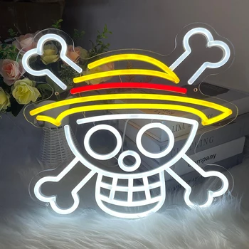 Anime Custom Neon Sign One for Piece Skull LED Neon Light Anime Skull Wall Decor Cartoon Logo Decor Skull Art Decoration