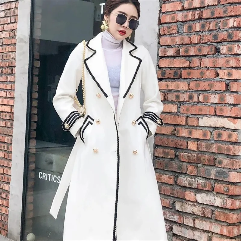 

White Over-the-knee Woolen Outwear Female Winter 2023 British Hepburn Thick Slim Long Black Double-Breasted V-neck Coat Lady