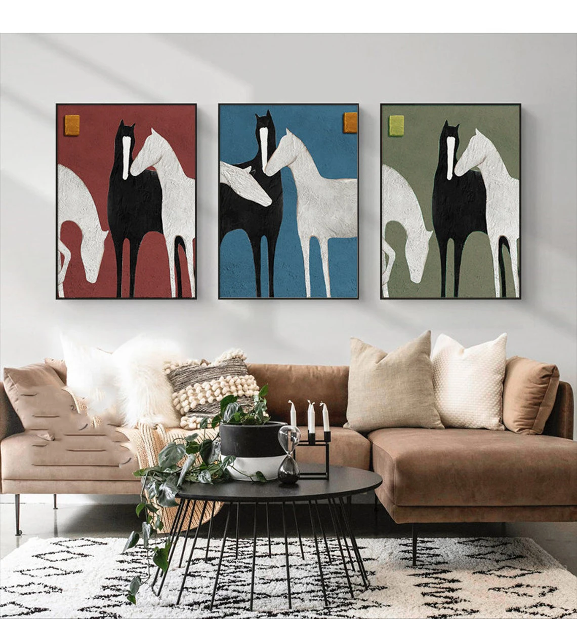 

Abstract White and Black Horses Hand Painted Oil Painting On Canvas Large Horse Wall Art Modern Animal Painting For Living Room