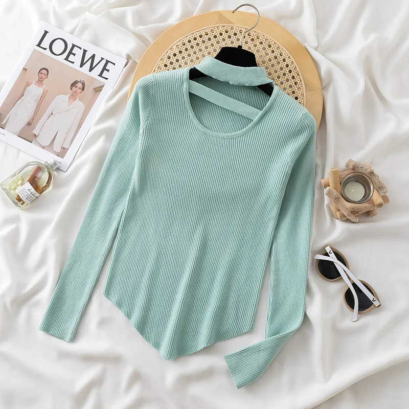 

Fashion White Tops Winter Simple Women's Sweater Autumn Halter Neck Long Sleeve Pullover Casual Solid Sexy Knitwear Jumper 28732