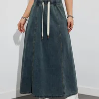 DongCMY Women's Denim Long Skirts Elastic Waist Loose Solid Color High Waist Big Skirt Denim Skirt Women Casual Dress Streetwear - Image 3