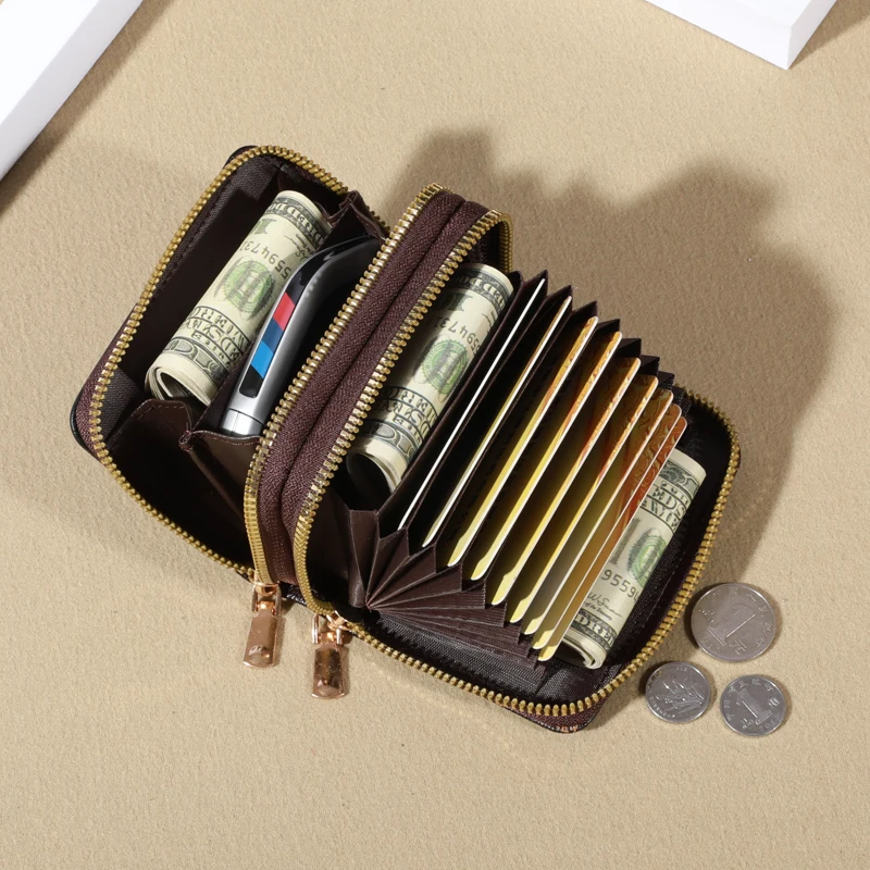 RFID-Schutz Mini Wallet-schickes Kunstleder mit doppeltem Reiß verschluss, mehreren Karten fächern und Slip-Pocket, kompakte klassische Clutch – Detail 8