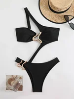 Sexy Black Hollow Out Bikini 2025 Women One Shoulder Metal Designer  Backless Thong One Piece Swimsuit Summer Bathing Suits