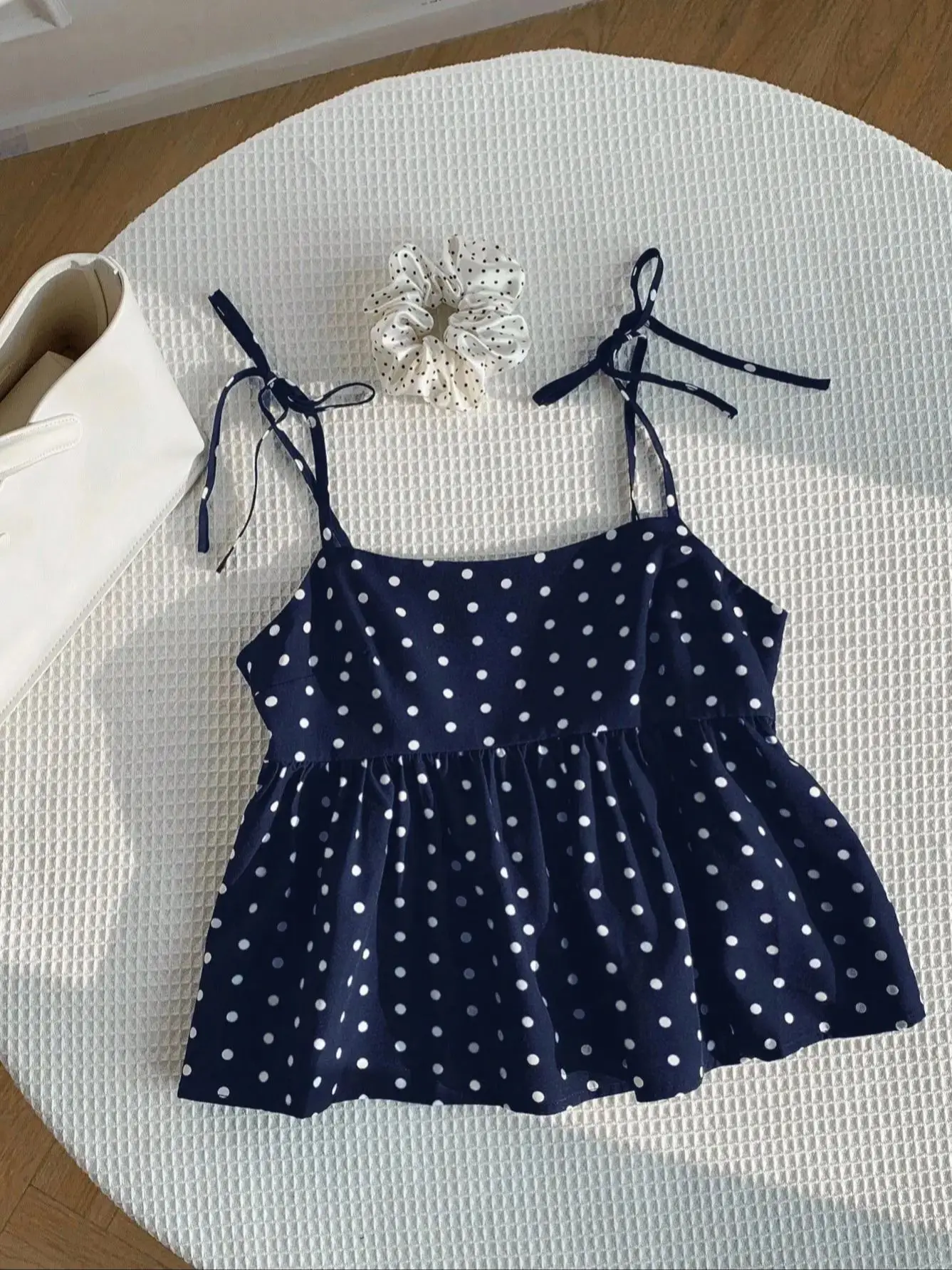 Women's Polka Dot Crop Cami With Spaghetti Straps And Flared Hem Polka Dot Camisole Babydoll Top Babydoll Tops Polkadot Top Cute