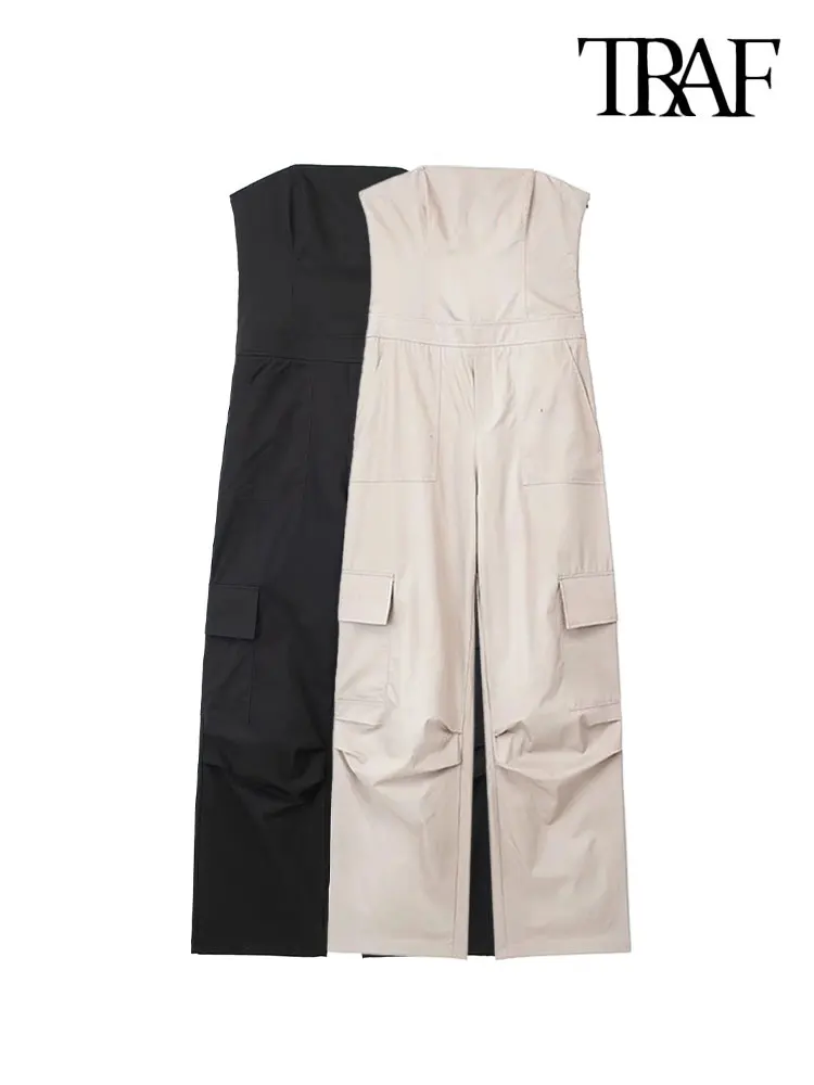 

TRAF Women Fashion Side Pockets Strapless Cargo Jumpsuit Vintage Straight Neck Side Zipper Female Playsuits Mujer