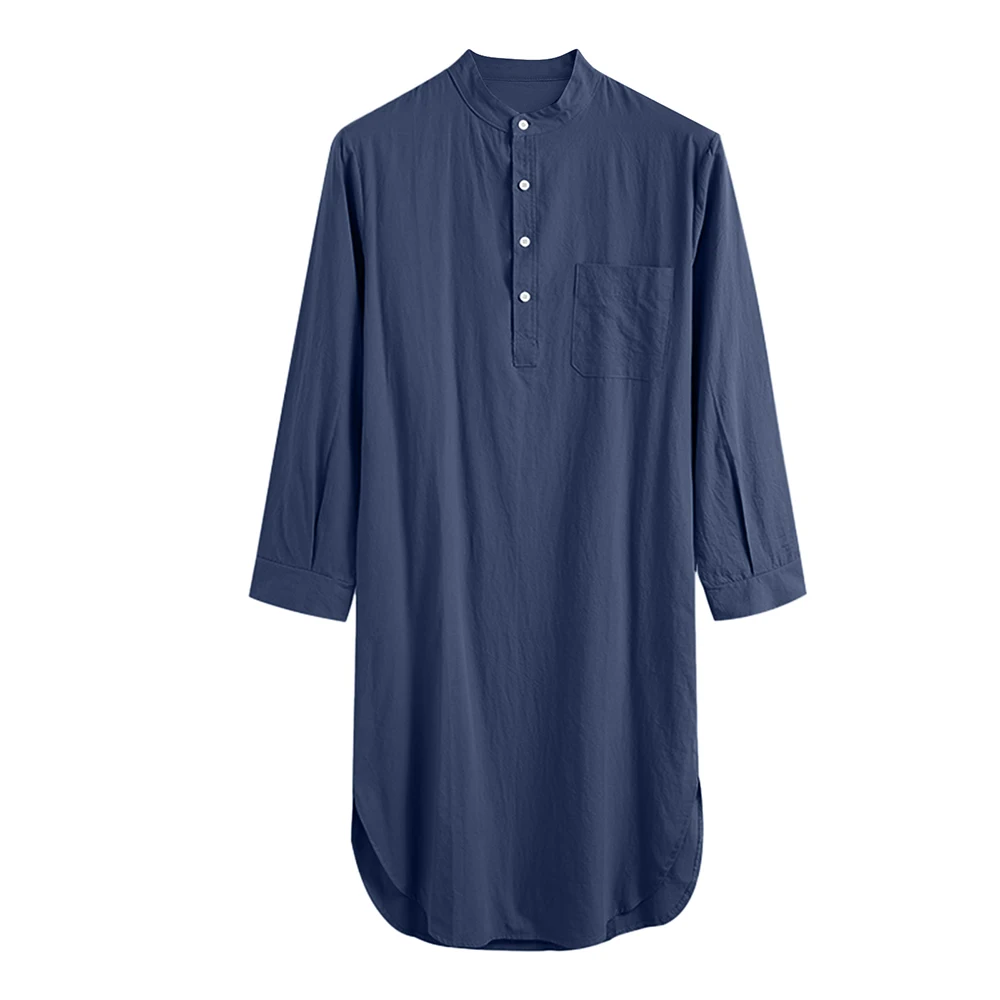 Men's Casual Long Nightgown Robe Solid Color Long Sleeve Night Dress Loose Long Shirt Bathrobe Kaftan Thobe with Pocket Homewear