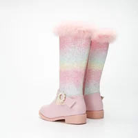 2023 New Autumn Winter Girls Rainbow Princess Fashion Children Pink Boots Knee Length Boots Plush Fur Girls Shoes 4
