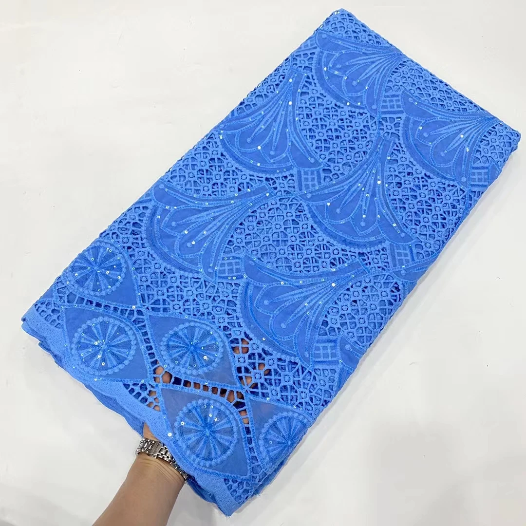 

Небесно-голубая африканская Водорастворимая кружевная ткань 2023 высококачественные нигерийские блестки шнур кружевная ткань для свадебного платья KDP23223